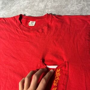 True Vintage Adidas Selvedge  Pocket T-Shirt Red Made in USA Single stitch